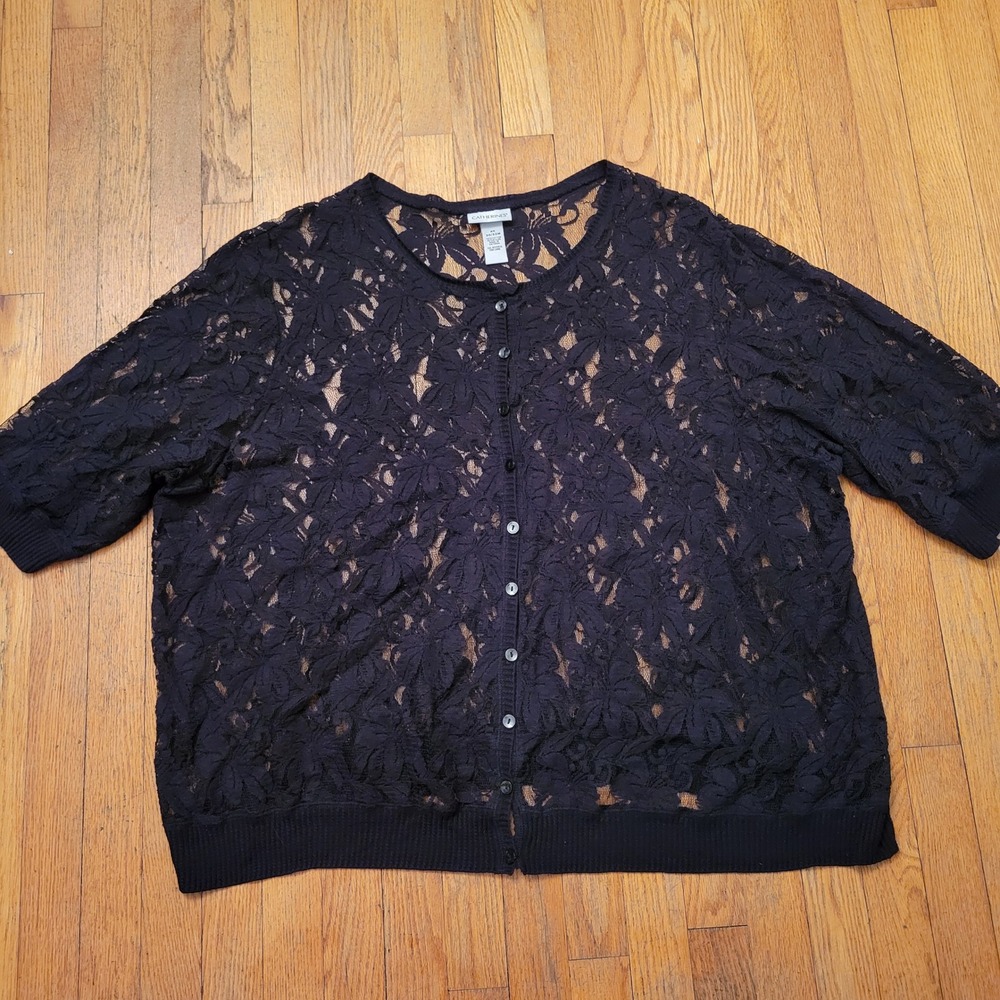 Catherines 4X Cardigan Black Floral Lace Short Sleeve Button Front Whimsigoth 30